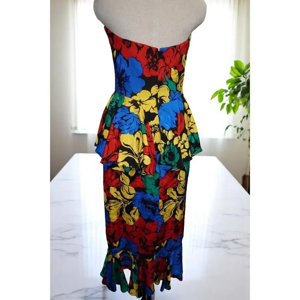 Vintage Mr. Blackwell 100% Silk Strapless Peplum Wiggle Dress – Multicolor Flora - Picture 4 of 10